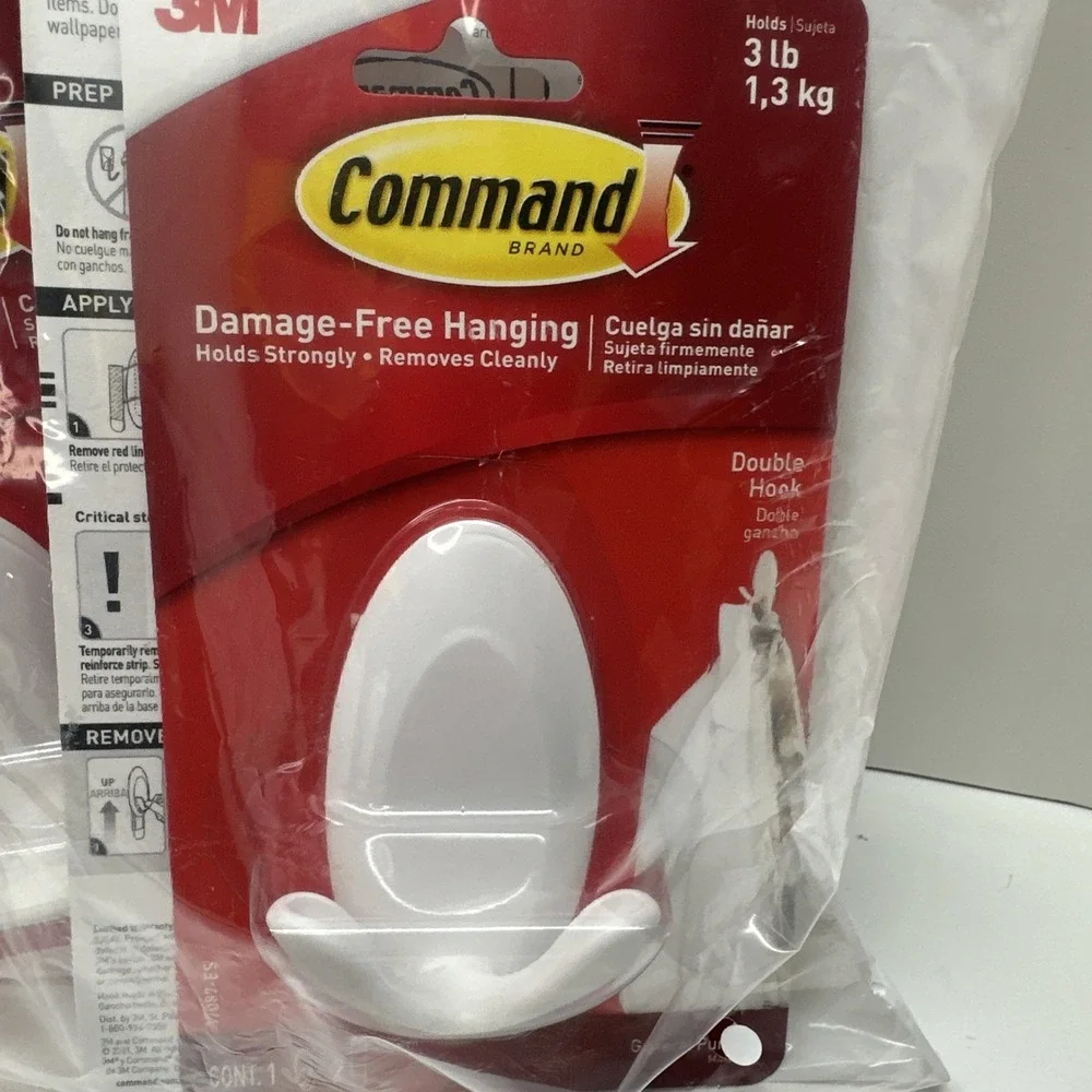 3M Command Double Hook White 2 Hooks on 1 Large 3lb General Purpose Bulk Lot 24